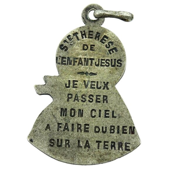 Vintage Saint St Therese Medal Figural Pendant French Quote France Bernard - Picture 2 of 3